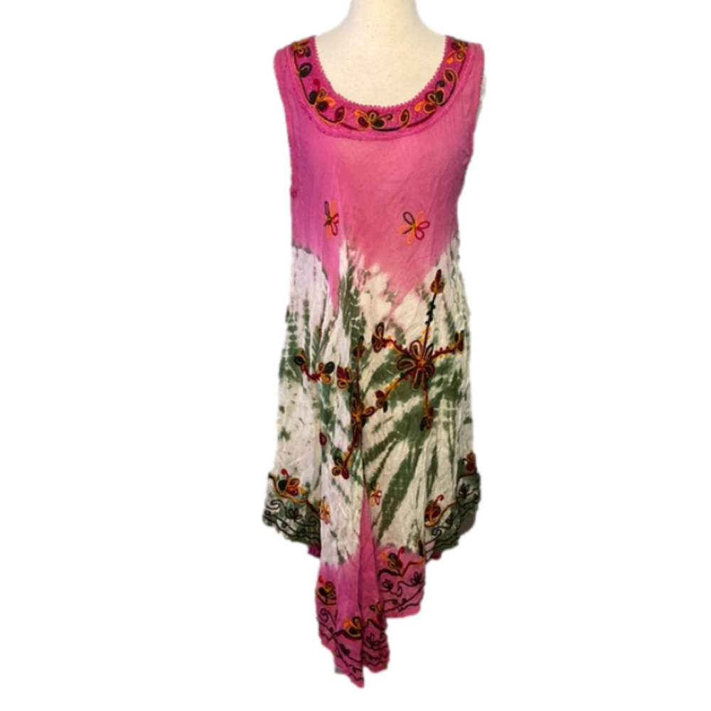 True Rock Sleeveless Semi-Sheer Tie Dye Dress/Coverup Pink Green Free Size